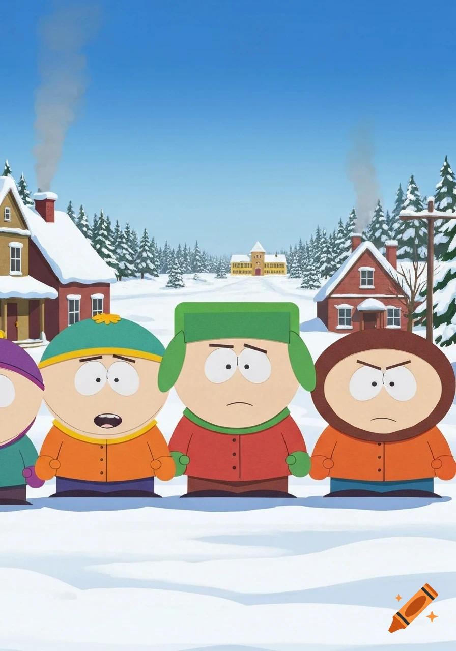 Four South Park characters stand in a snowy street in front of houses and pine trees.