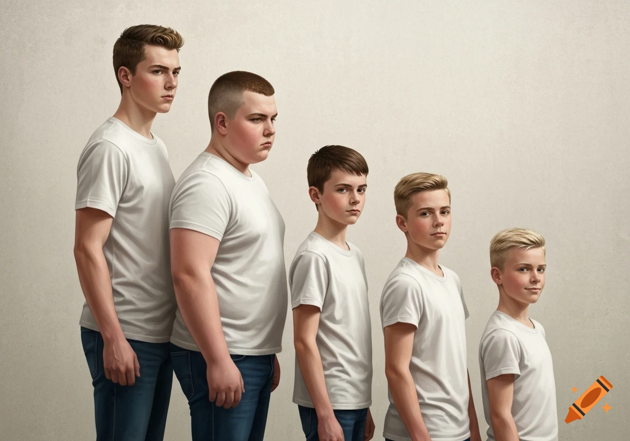 Five young boys of varying heights stand in a line, wearing white t-shirts and jeans against a plain background.