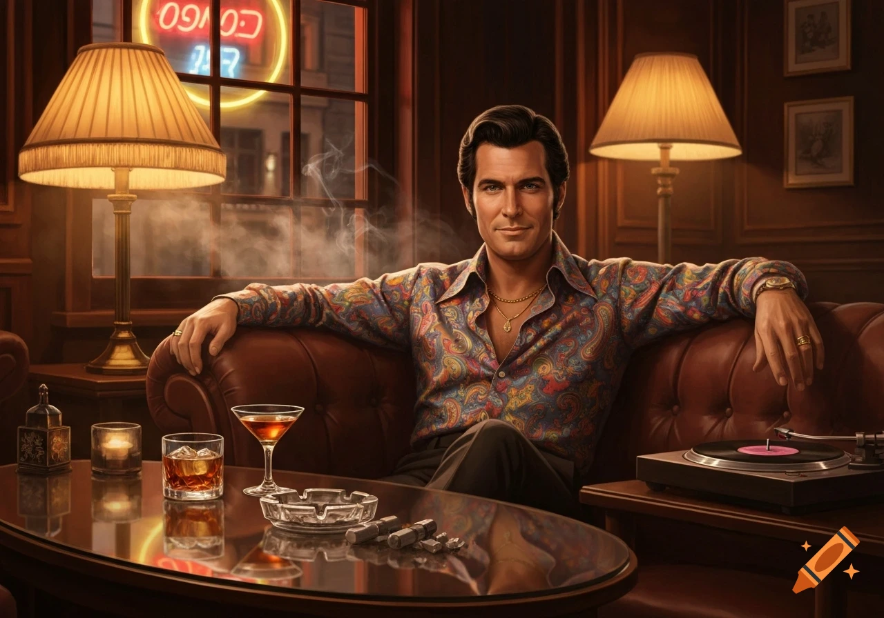A man in a paisley shirt relaxes on a brown leather couch in a 1970s lounge, with drinks, an ashtray, and a turntable on the table.
