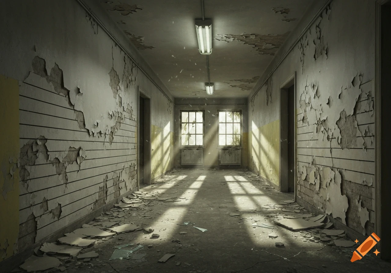 A long, derelict hallway in a rundown building with peeling paint, debris on the floor, and light streaming through broken windows.