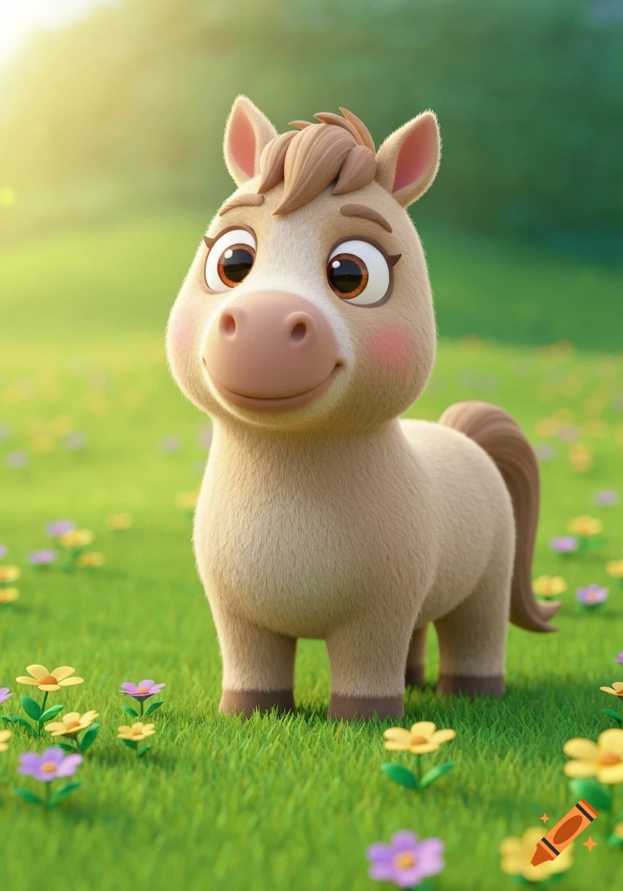 A cute, smiling 3D cartoon beige horse stands in a vibrant green field with colorful flowers.