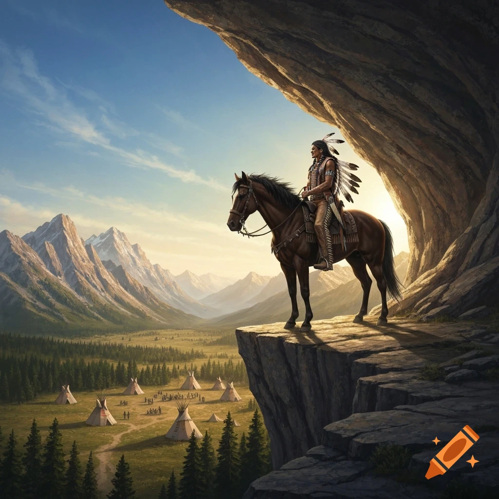 A Native American warrior on horseback stands on a cliff overlooking a vast mountain valley with a teepee camp below, under a clear sky.