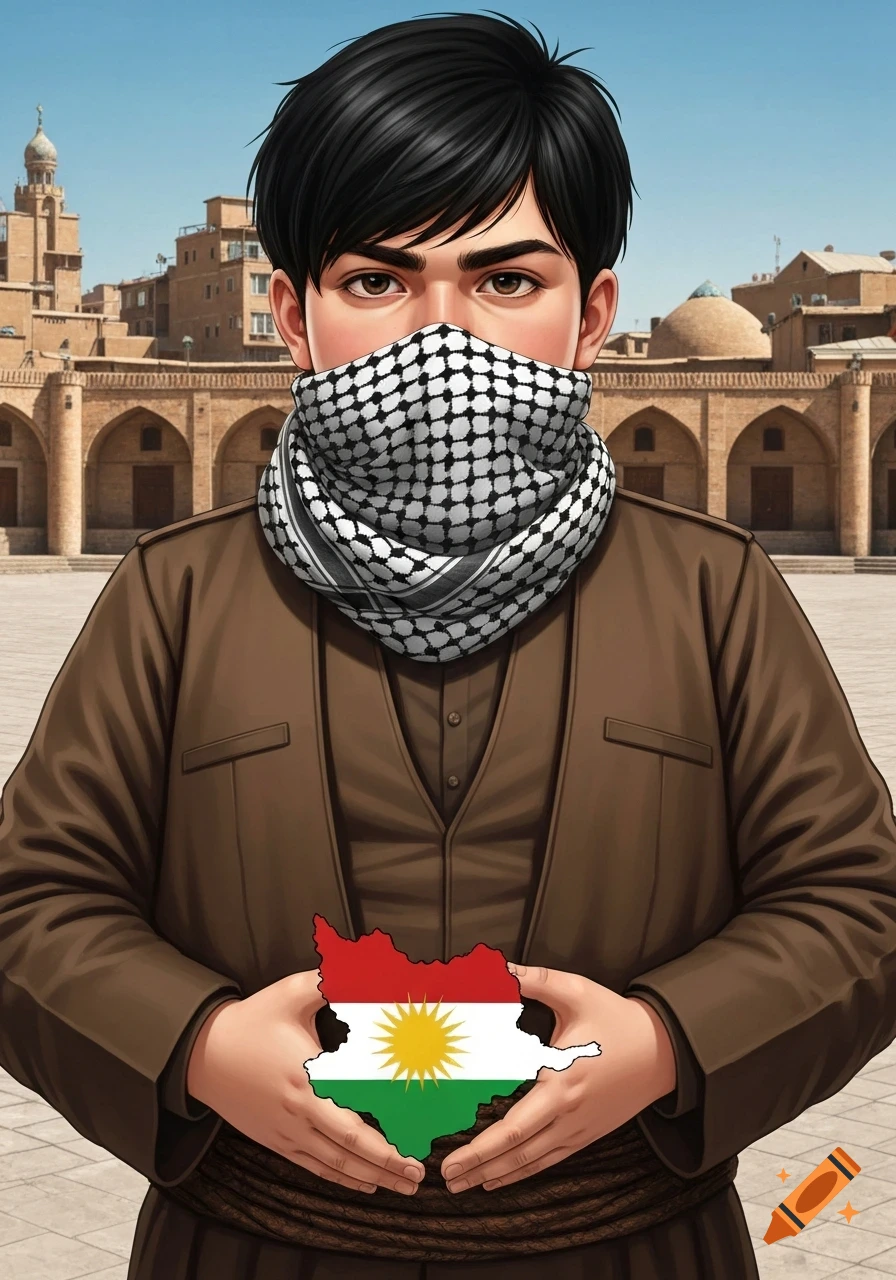 A stylized anime portrait of a young person in traditional brown Kurdish attire, with a keffiyeh covering their face, holding a map of Kurdistan with its flag. Historic buildings are in the background.