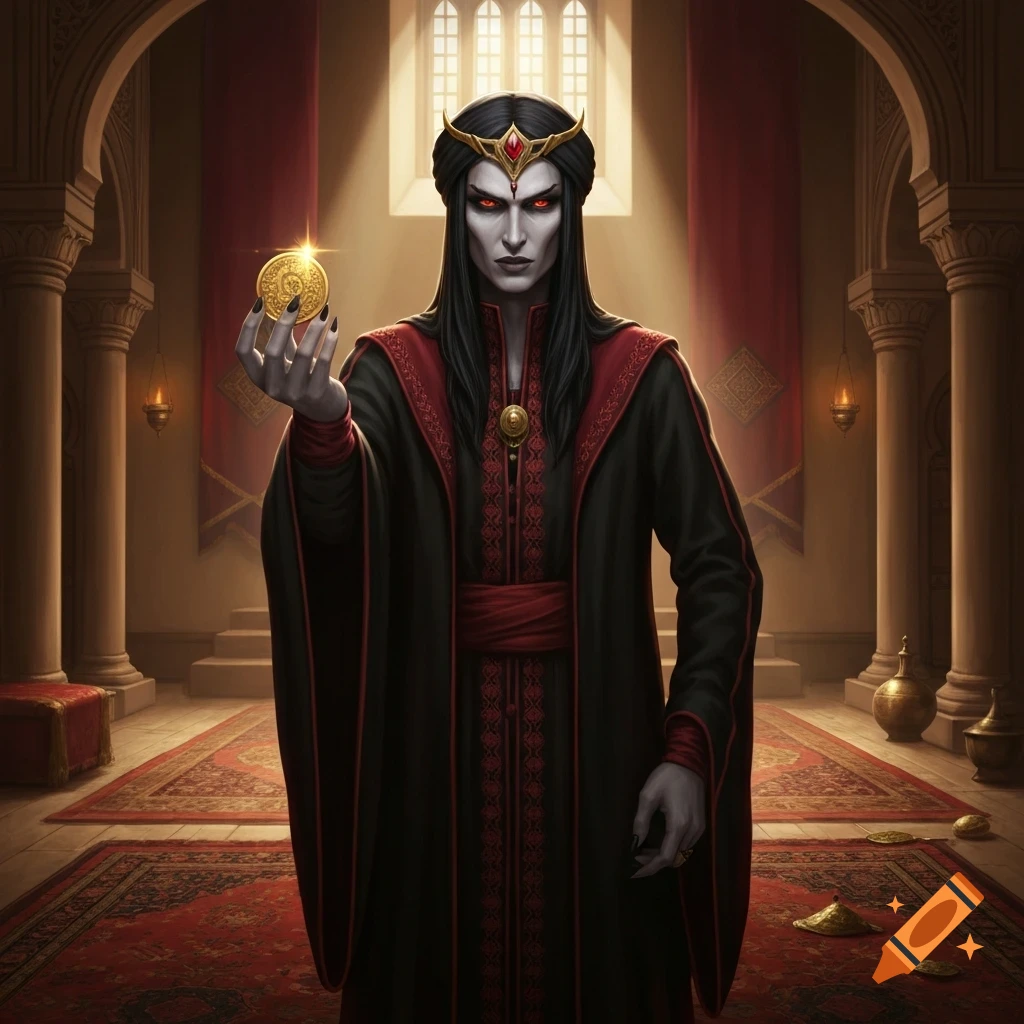 A dark fantasy art of a pale vampire-like man with red eyes holding a shining gold coin in a Middle Eastern-style palace.