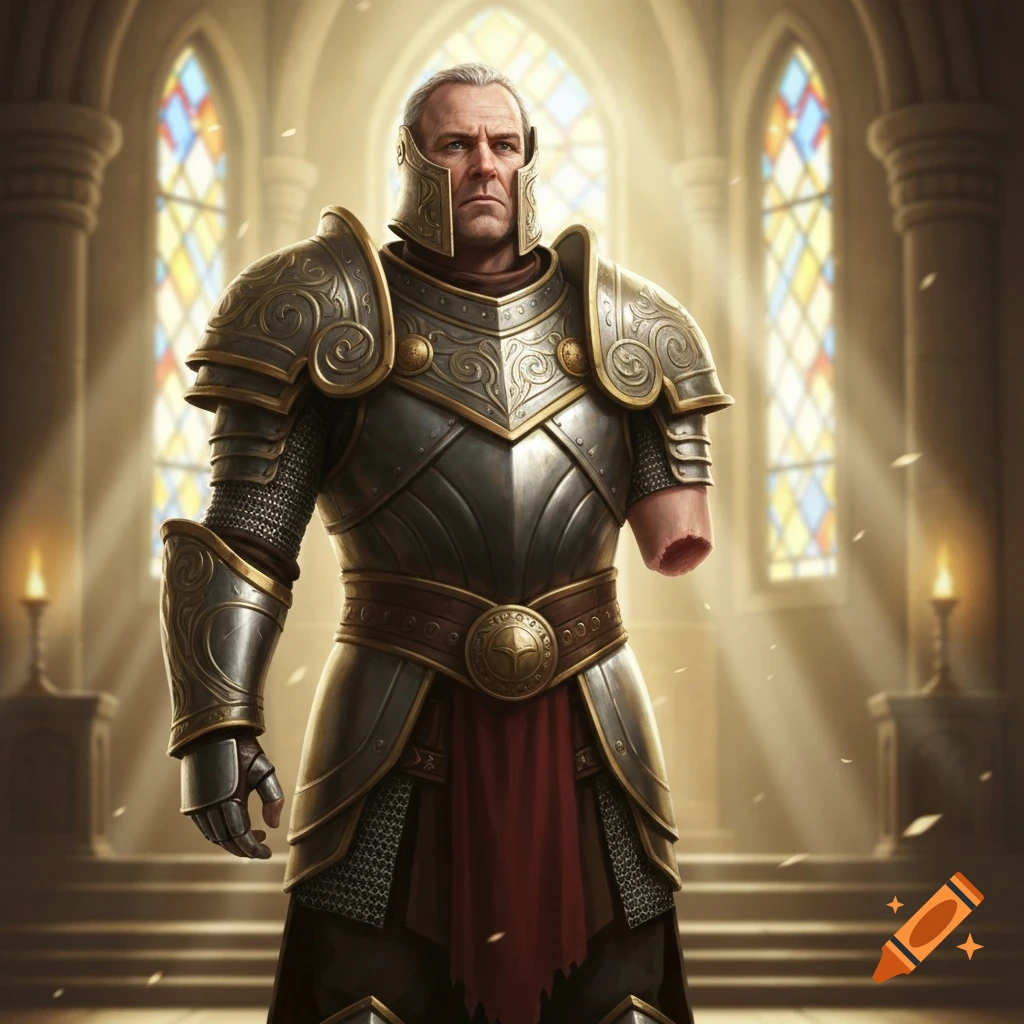 A serious-looking knight in ornate plate armor and helmet stands in a sunlit church, his right arm a stump.