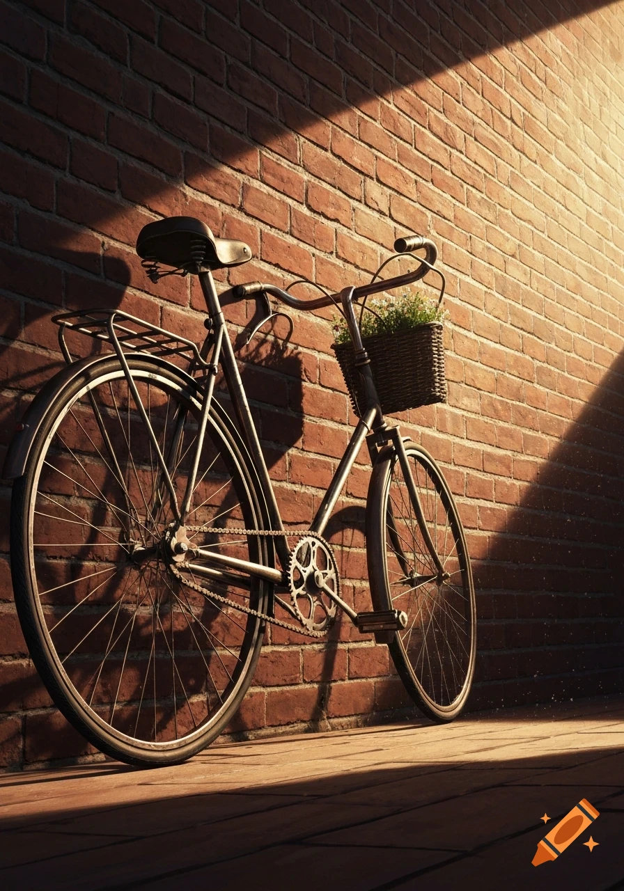 An old-fashioned bicycle with a wicker basket of flowers leaning against a brick wall, bathed in sunlight.