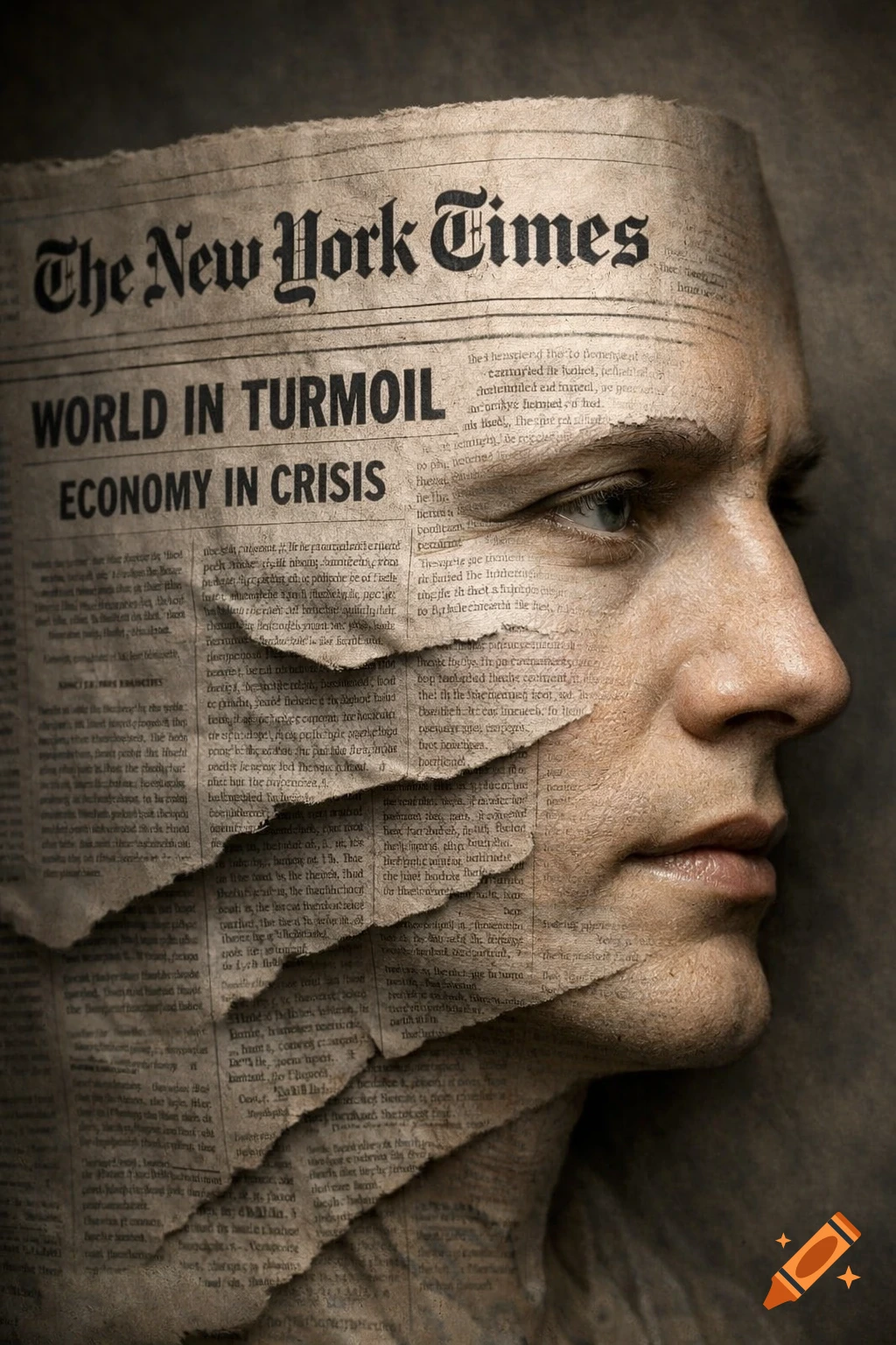 A man's profile merged with a vintage newspaper, showing headlines "The New York Times", "WORLD IN TURMOIL", and "ECONOMY IN CRISIS".