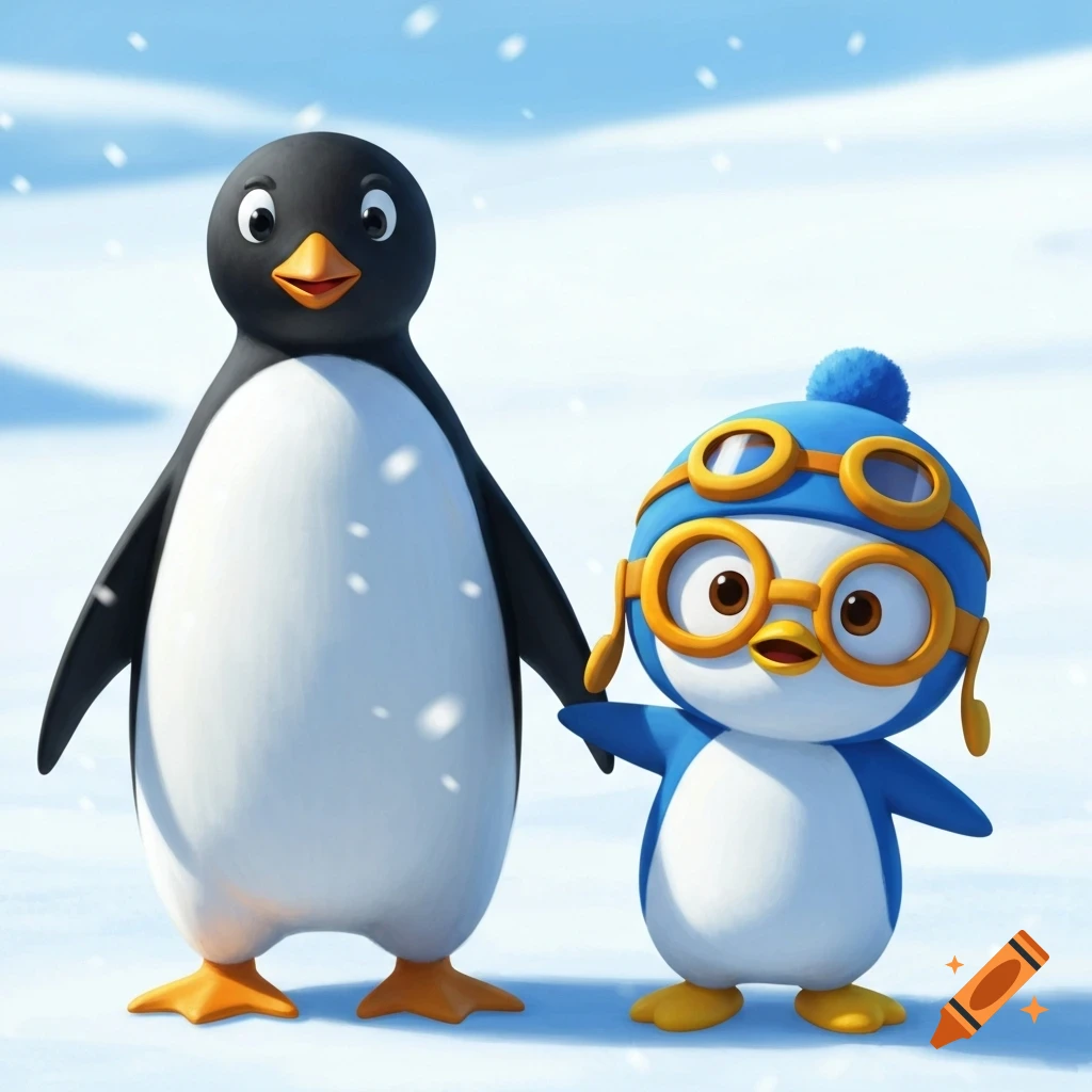 Two animated penguins, one larger and black and white, and one smaller and blue wearing goggles, standing in a snowy landscape.