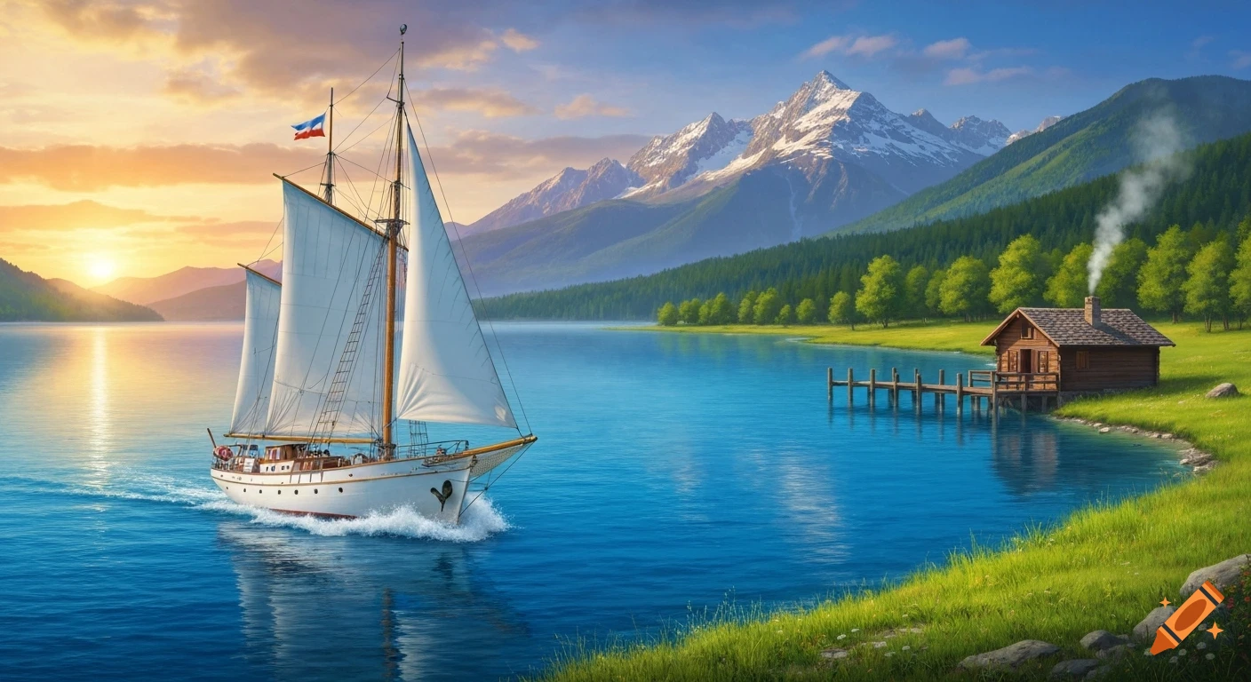 Photorealistic landscape of a sailboat on a blue lake with mountains and a cabin at sunset.
