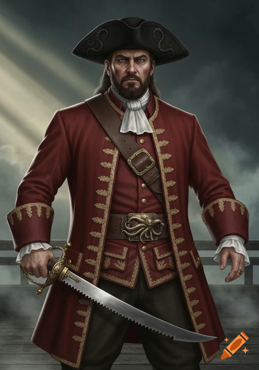 A stern male pirate in a red frock coat, tricorn hat, and white cravat stands holding a saw-back sword, with a stormy sky background.