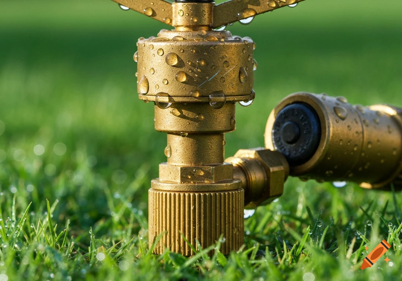 Close-up, photorealistic image of a brass sprinkler covered in water droplets, sitting in vibrant green grass.