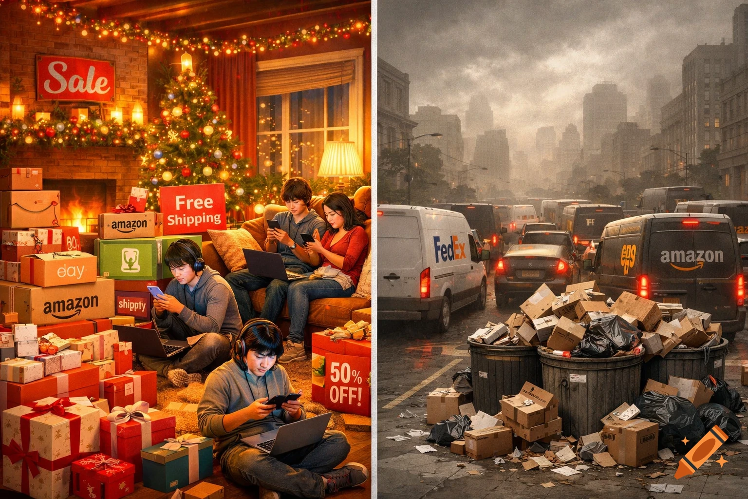 A diptych showing a festive living room with people and online shopping boxes, and a congested city street filled with delivery vans and trash.