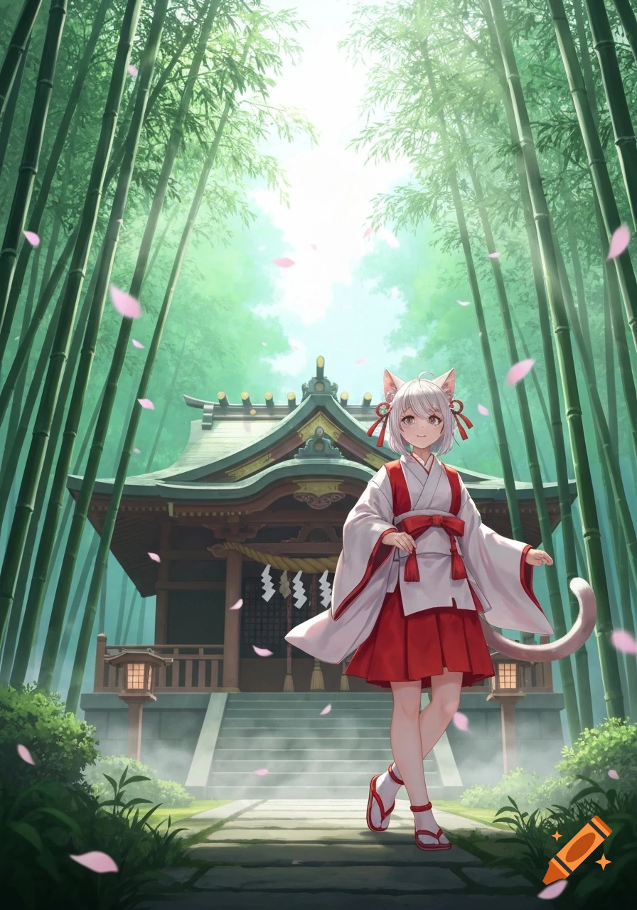 Anime cat girl shrine maiden in traditional attire walking on a path in a bamboo forest towards a Japanese shrine, with pink petals.