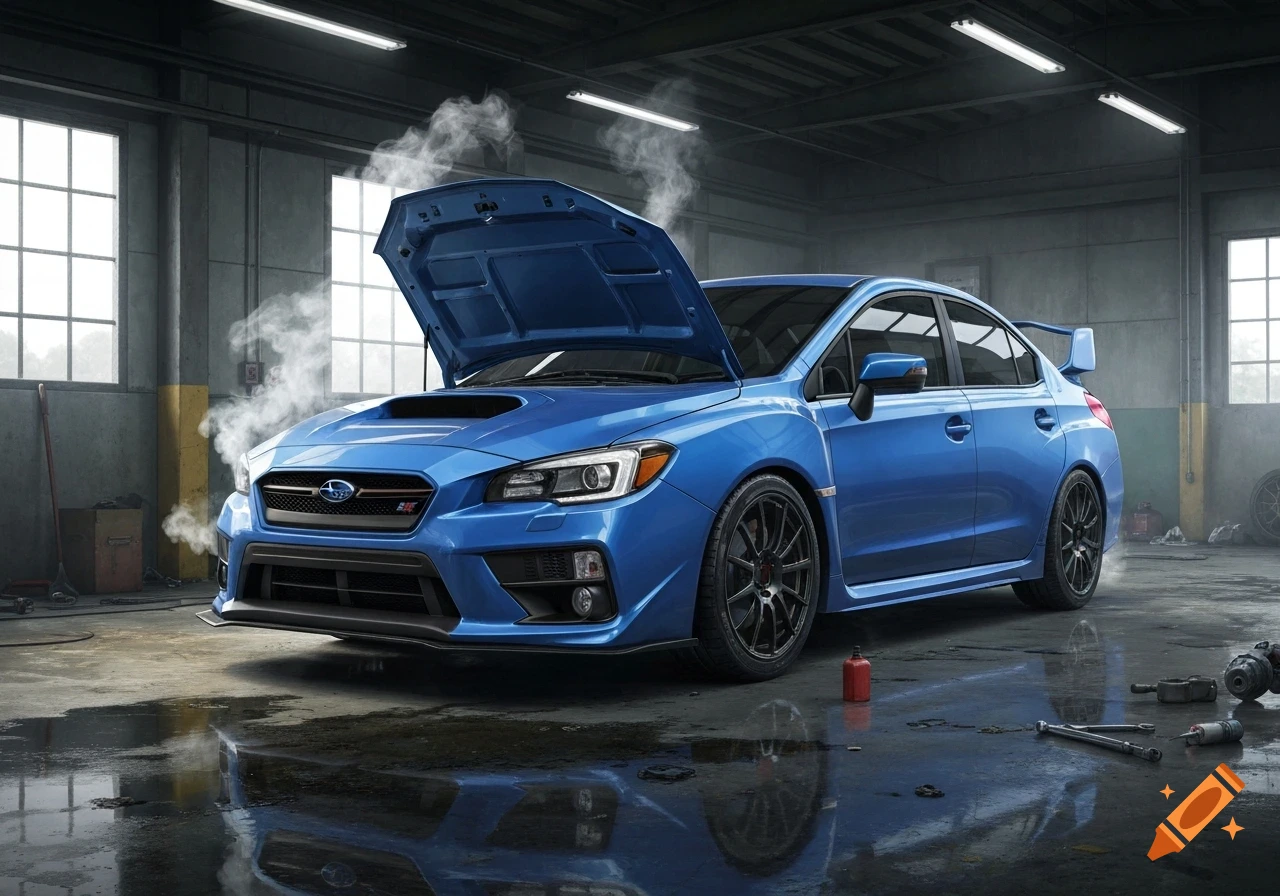 Photorealistic blue Subaru WRX with its hood open and smoke coming from the engine in a wet garage.