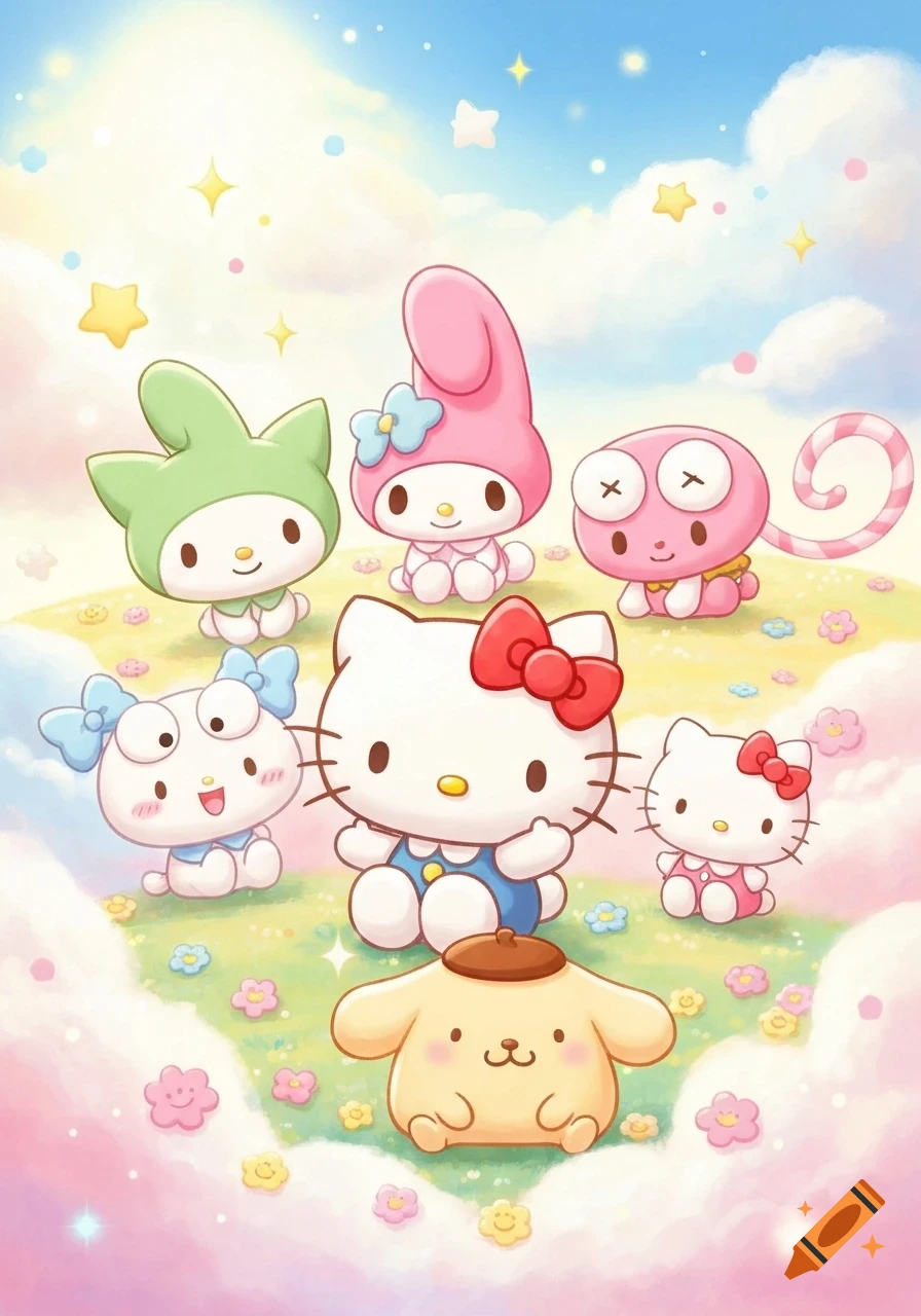 A group of Sanrio characters including Hello Kitty, My Melody, and Pompompurin, sitting in a field of flowers under a pastel sky.
