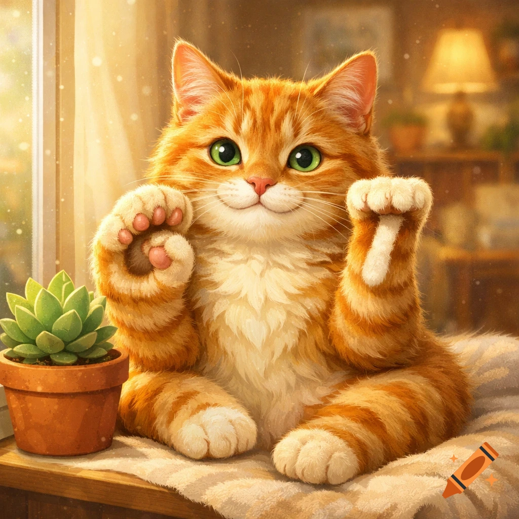 An adorable orange tabby cat with bright green eyes sits on a fluffy ...