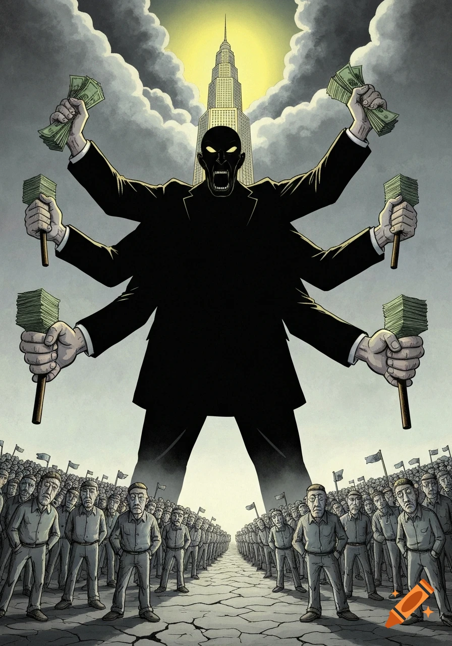 Political cartoon of a multi-armed monstrous figure in a suit holding money over a crowd of people, with a skyscraper and cloudy sky.