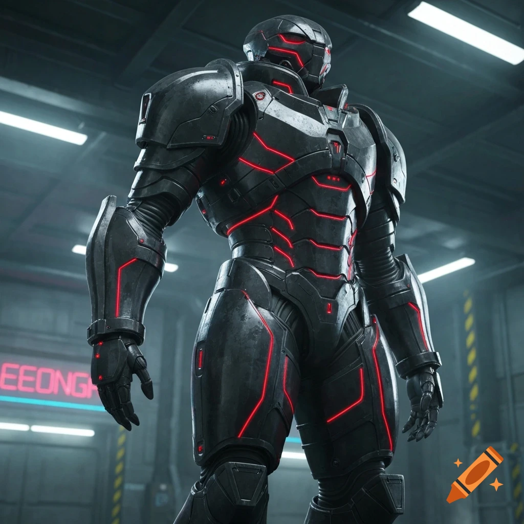 A tall, imposing sci-fi robot in dark metallic armor with glowing red lines stands in a futuristic industrial setting.