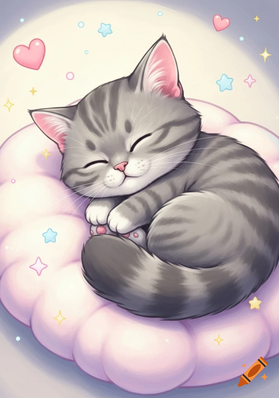 Cute gray tabby kitten sleeping curled on a pink cloud surrounded by hearts and stars in kawaii cartoon style.