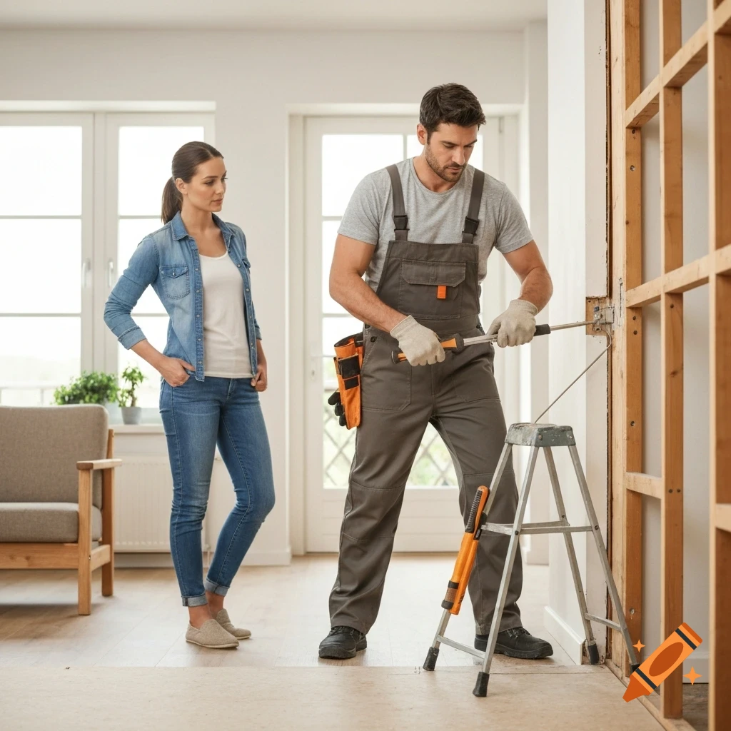 A man in work overalls and gloves repairs a door frame with a tool, while a woman in casual clothes observes in a brightly lit home under renovation.