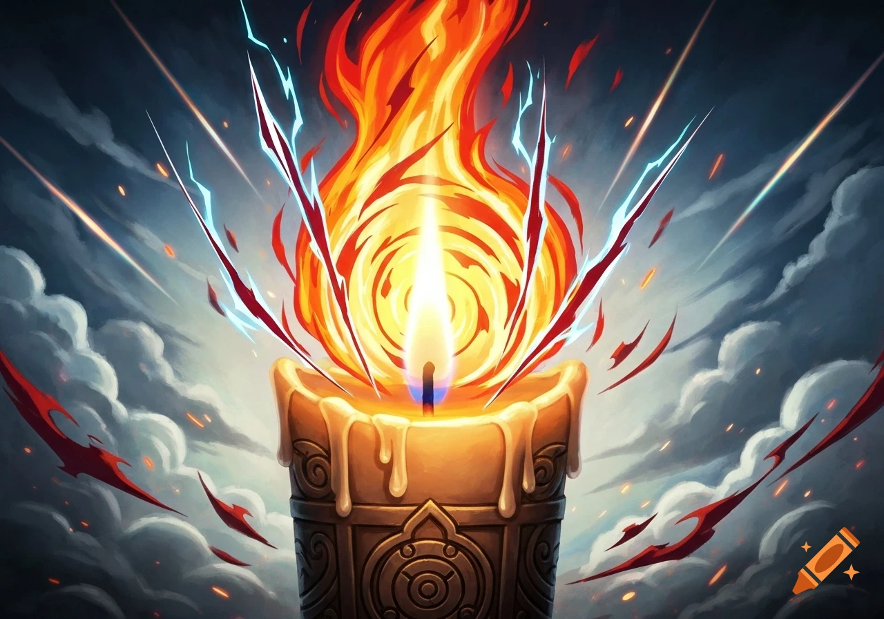 Anime-style illustration of a burning candle with a swirling flame and vibrant red and blue energy streaks against a cloudy sky.