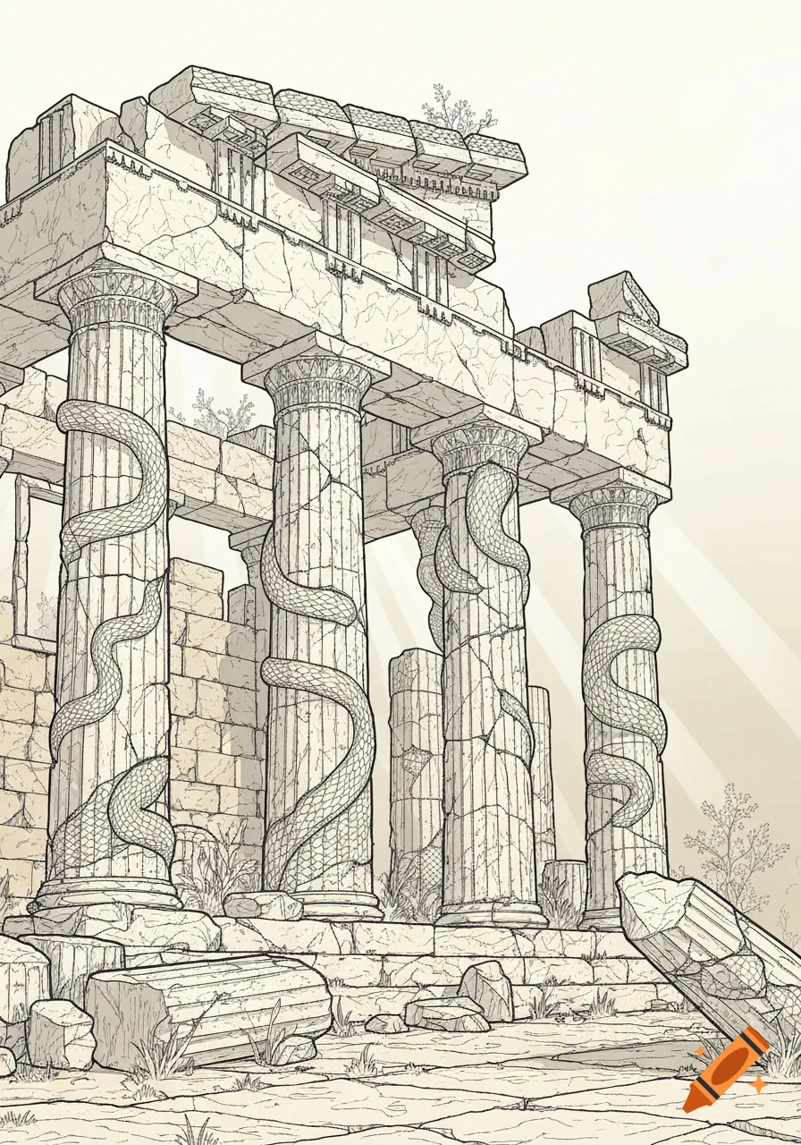 Line art illustration of a ruined ancient Greek temple with snakes wrapped around its crumbling columns.