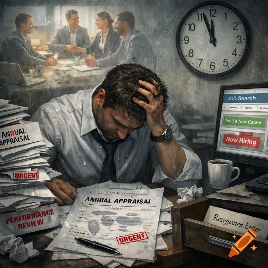 A stressed businessman sits at a desk overwhelmed by "Annual Appraisal" paperwork, a clock showing late hours, a job search on his monitor, and a "Resignation Letter" in a drawer. Faded figures in the background shake hands in a meeting.