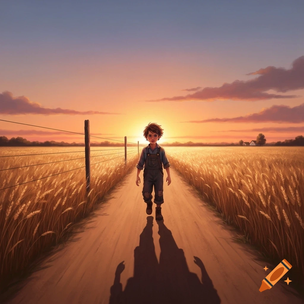 An illustrated young boy walks on a dirt road through a golden wheat field at sunset.