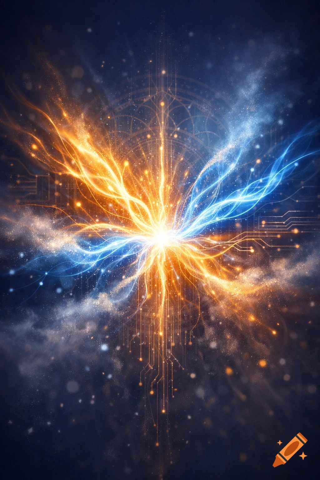 A vibrant abstract image of a central light explosion with radiating orange and blue energy streams and circuit board patterns.