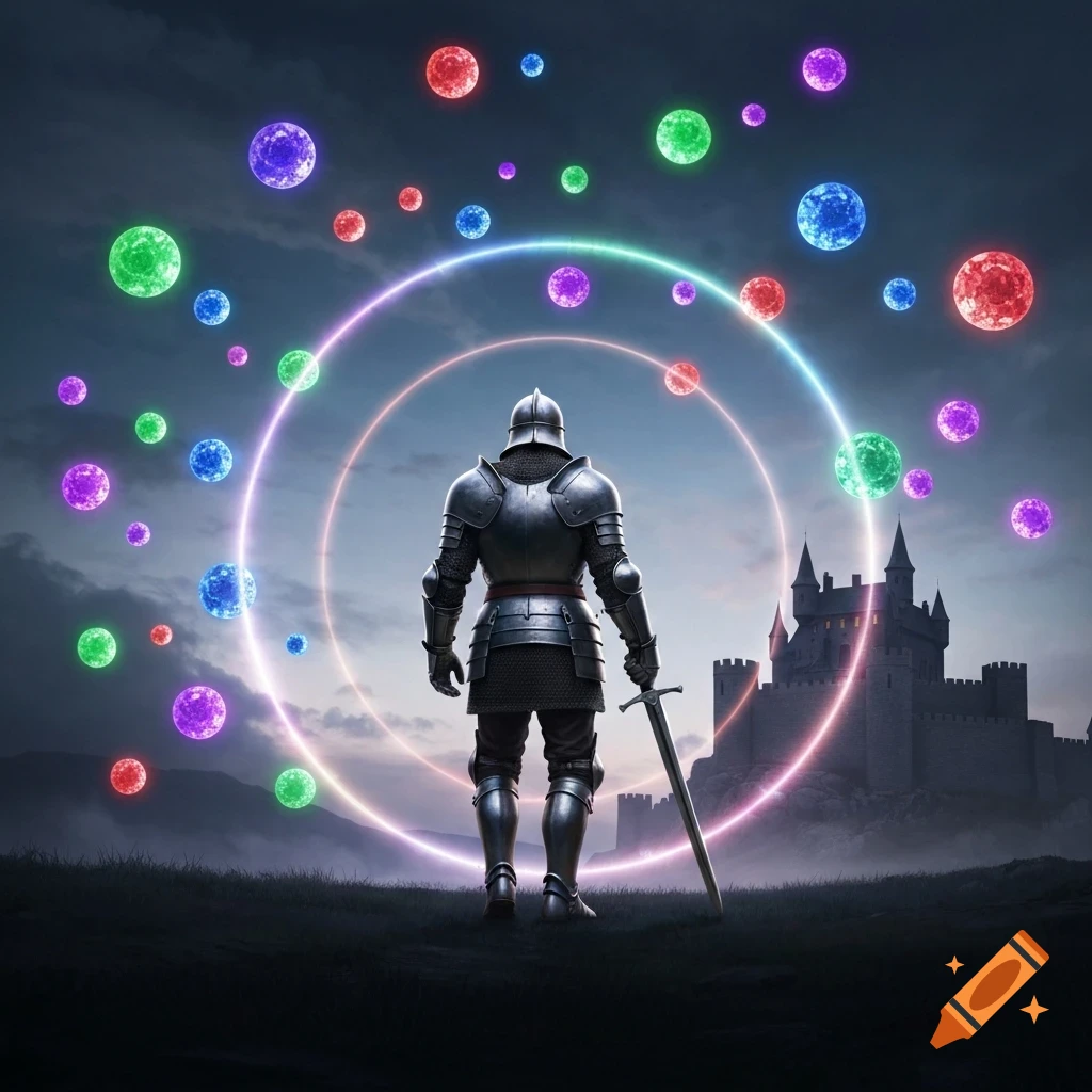 A knight in armor with a sword faces a castle at twilight, surrounded by glowing multicolored orbs and neon rings in the sky.