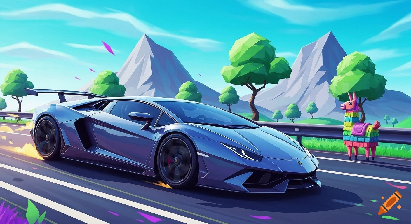 A blue Lamborghini speeds through a vibrant, stylized Fortnite landscape with mountains, cartoon trees, and a colorful piñata llama on the road.