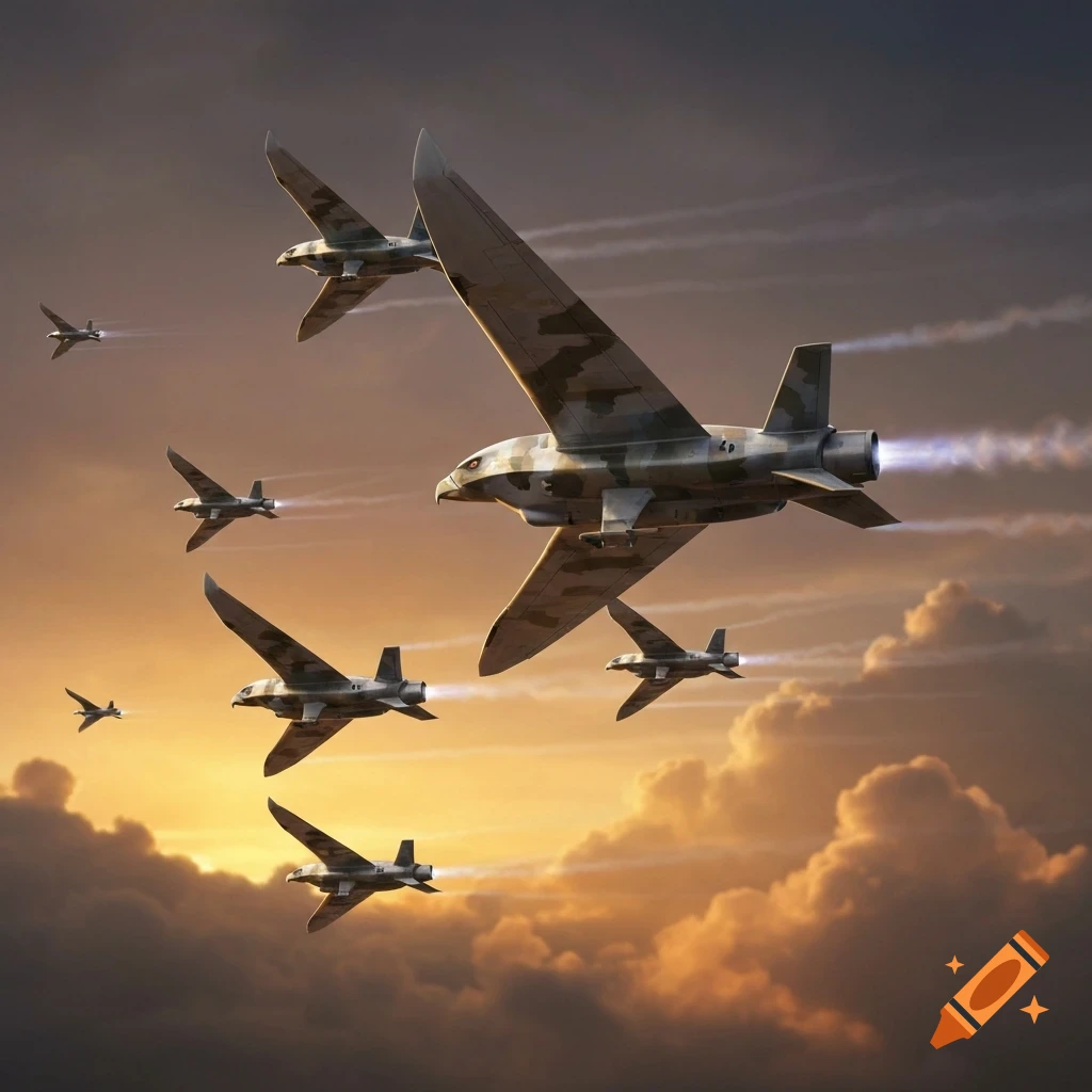 A squadron of camouflage eagle drones with jet engines flying through a cloudy sunset sky.