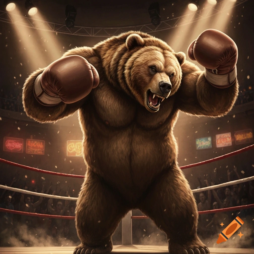 A muscular brown bear wearing boxing gloves stands aggressively in a brightly lit boxing ring, with spectators in the background.