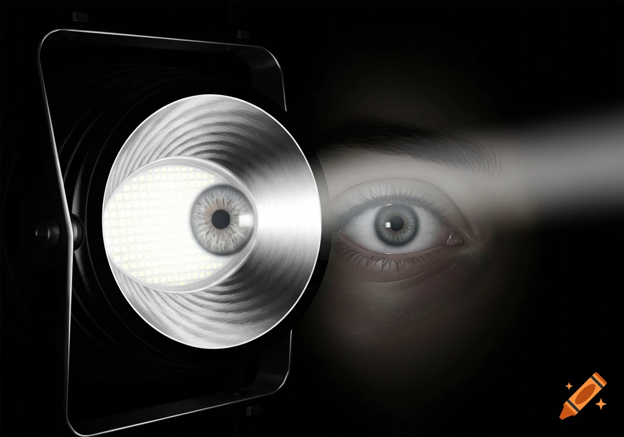 Close-up of a human eye gazing towards a spotlight with an eye-like lens, emitting a beam of light.