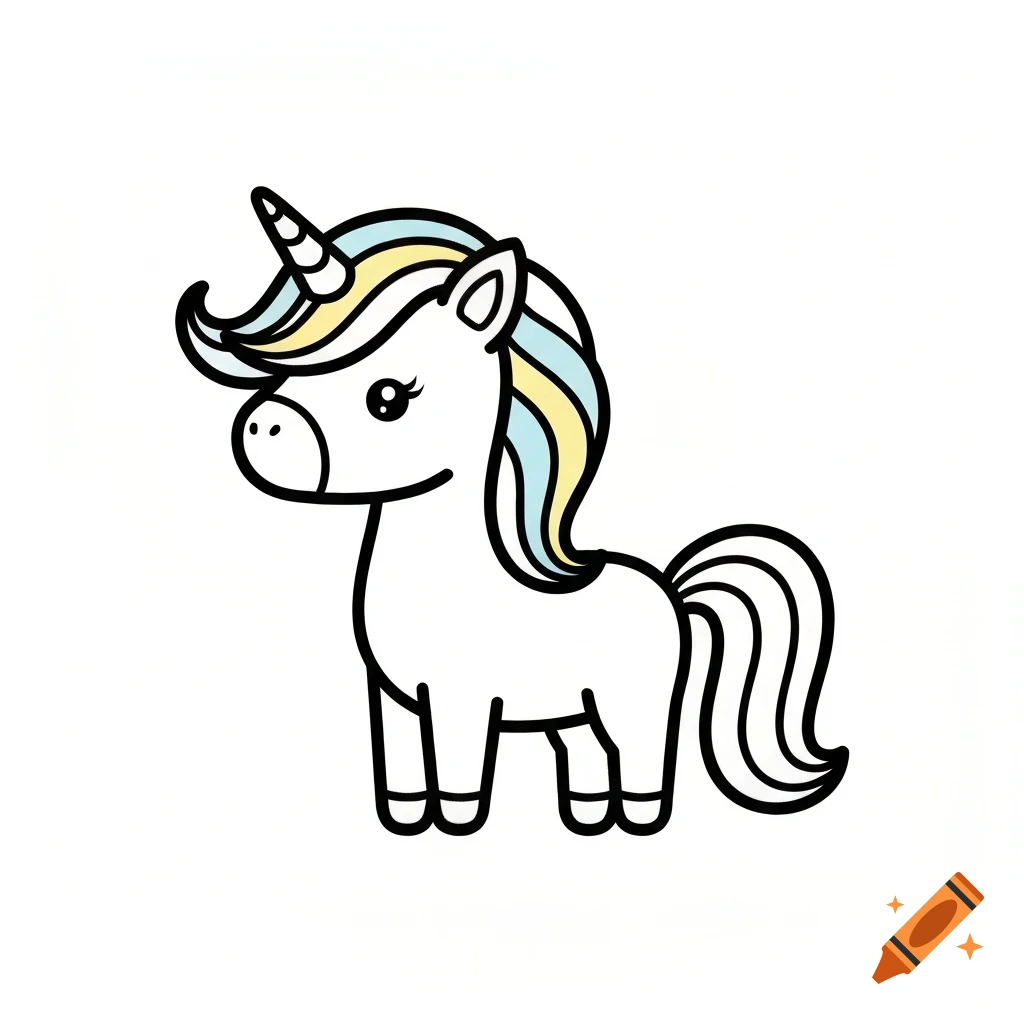 A cute, simple line art cartoon unicorn with a light blue and yellow mane and tail on a white background.