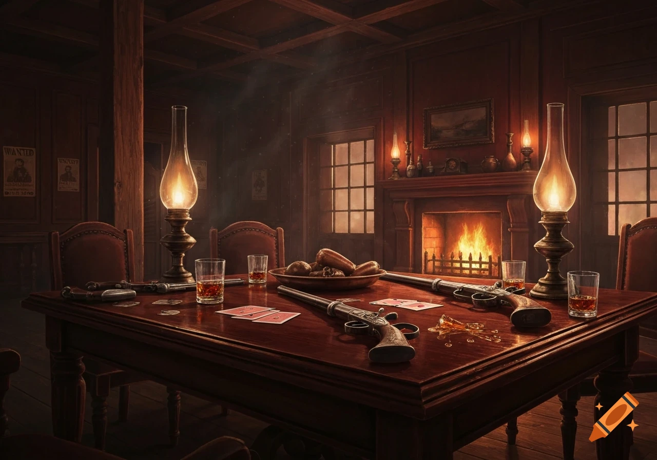 A dimly lit, old-fashioned room with a wooden table, oil lamps, guns, playing cards, whiskey glasses, and a lit fireplace, evoking a Wild West atmosphere.