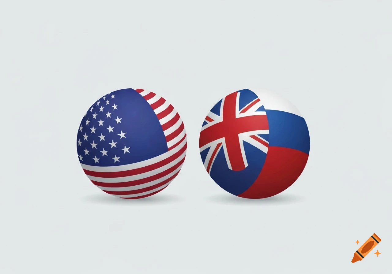 The flags of the USA, UK, and Russia are displayed on three spheres, side by side, against a plain white background.