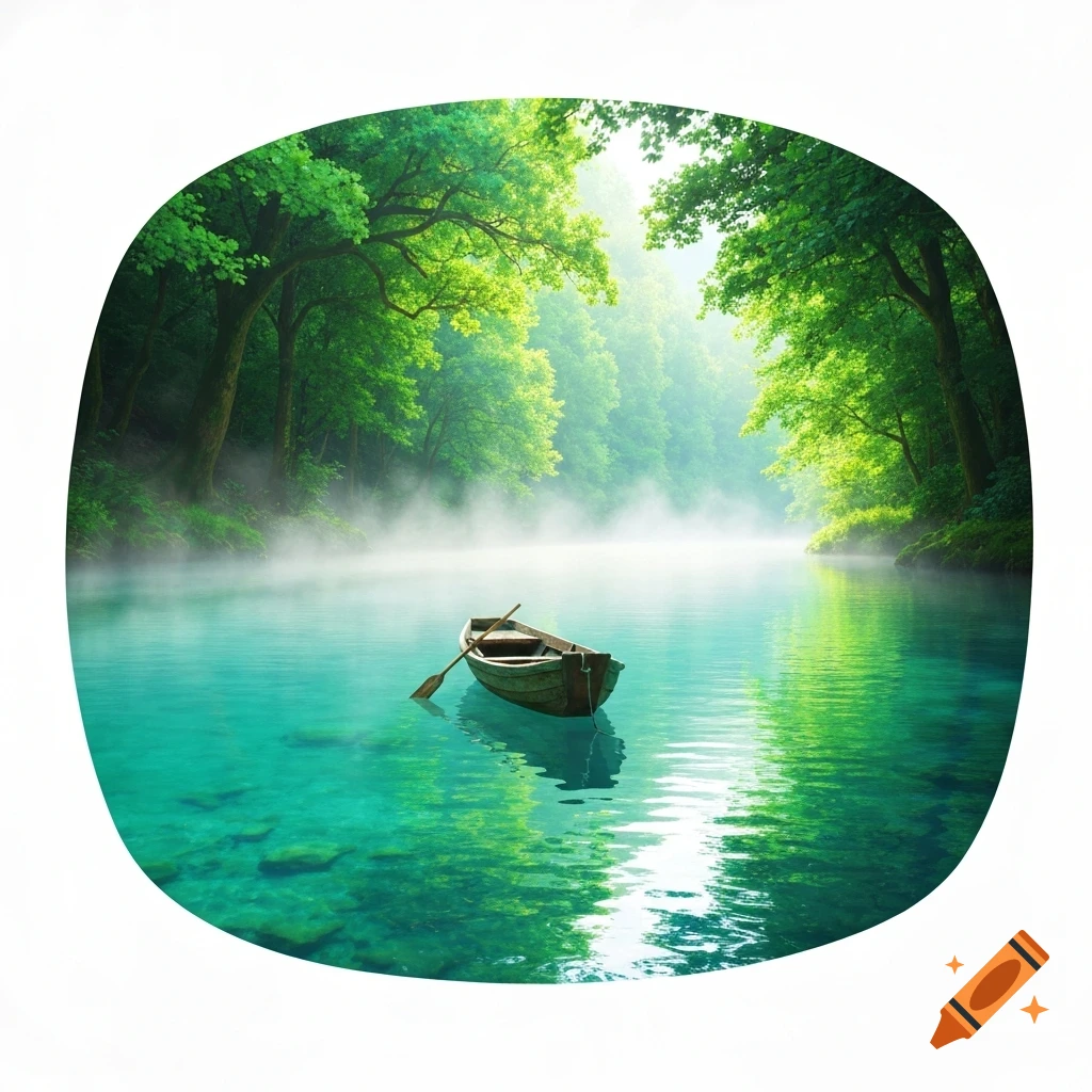 A serene green river with a small wooden boat and paddle, surrounded by lush trees and mist under a bright sky.