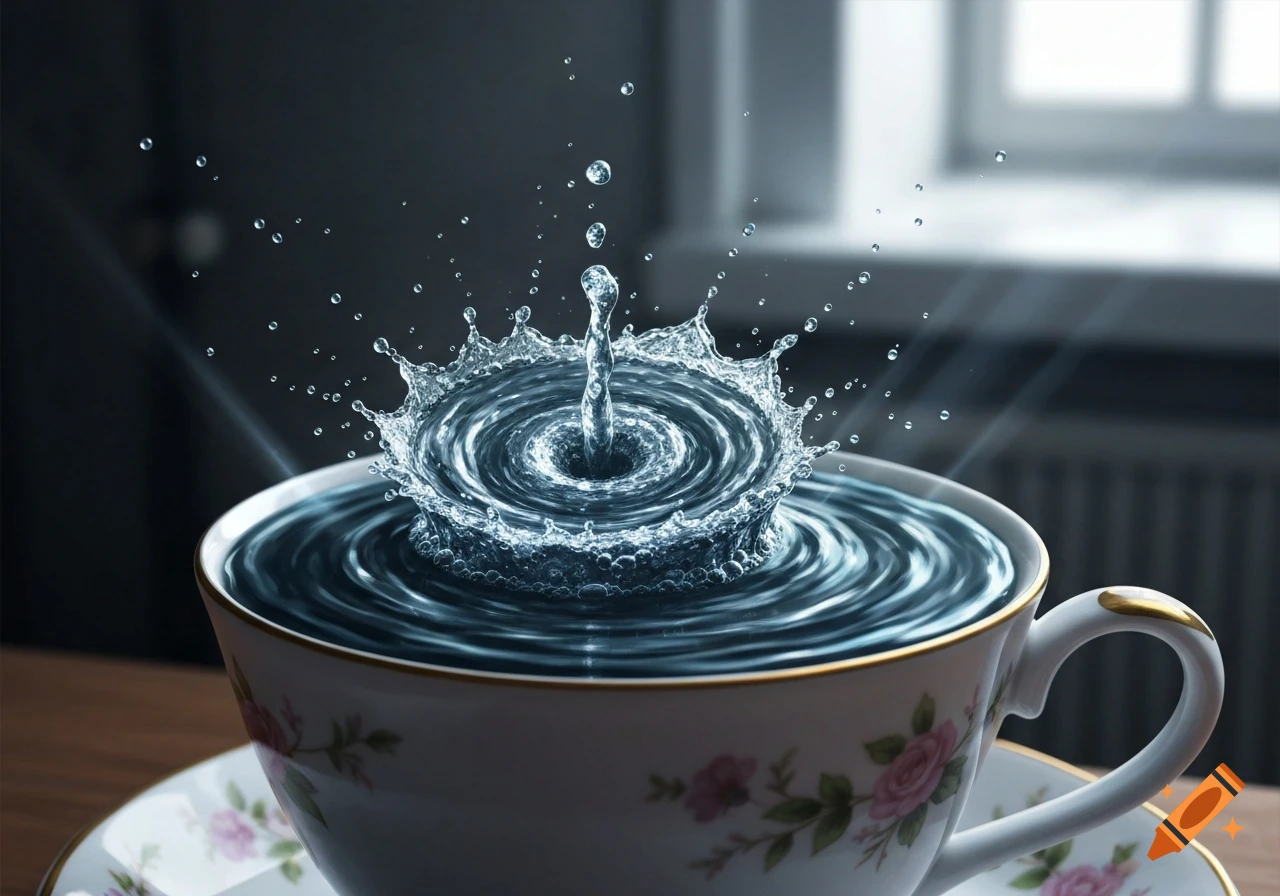 Photorealistic water splashes and ripples vigorously in a white teacup with pink roses and gold trim.