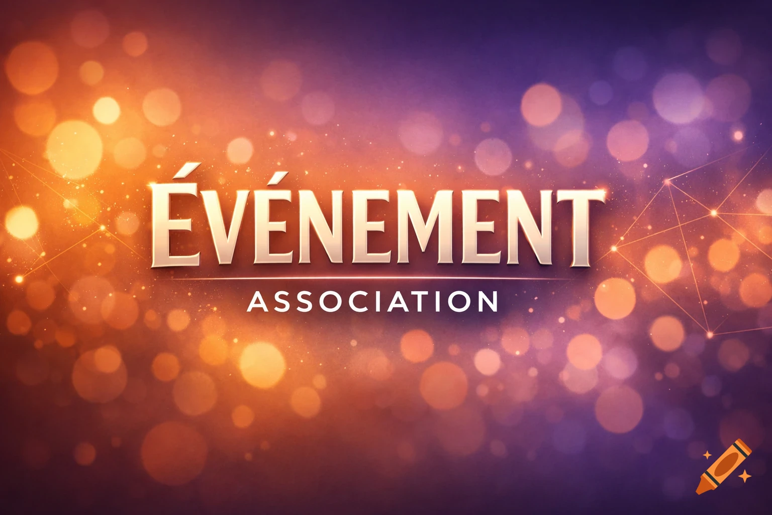 A vibrant orange and purple banner with bokeh lights featuring the 3D text 'ÉVÉNEMENT' and 'ASSOCIATION'.