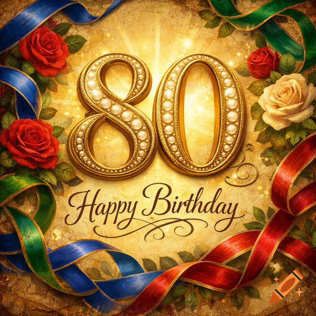 A golden 80th birthday card with 'Happy Birthday' text, surrounded by red, white, blue, and green ribbons and roses.