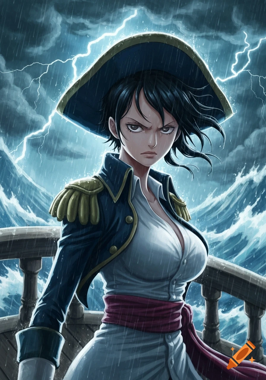 An anime female pirate with a stern expression stands on a ship deck during a stormy night with lightning.