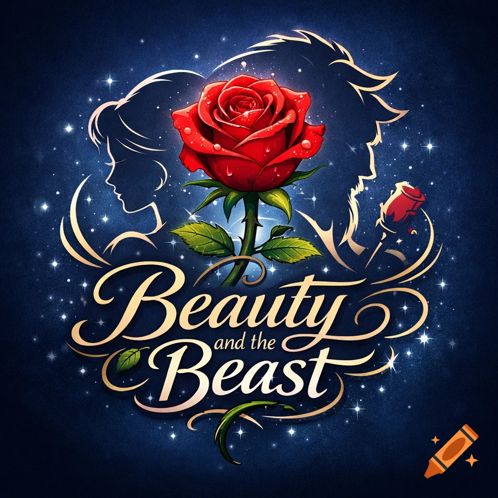 A stylized 'Beauty and the Beast' logo with a prominent red rose, water droplets, and golden silhouettes of a woman and a beast against a starry dark blue background.