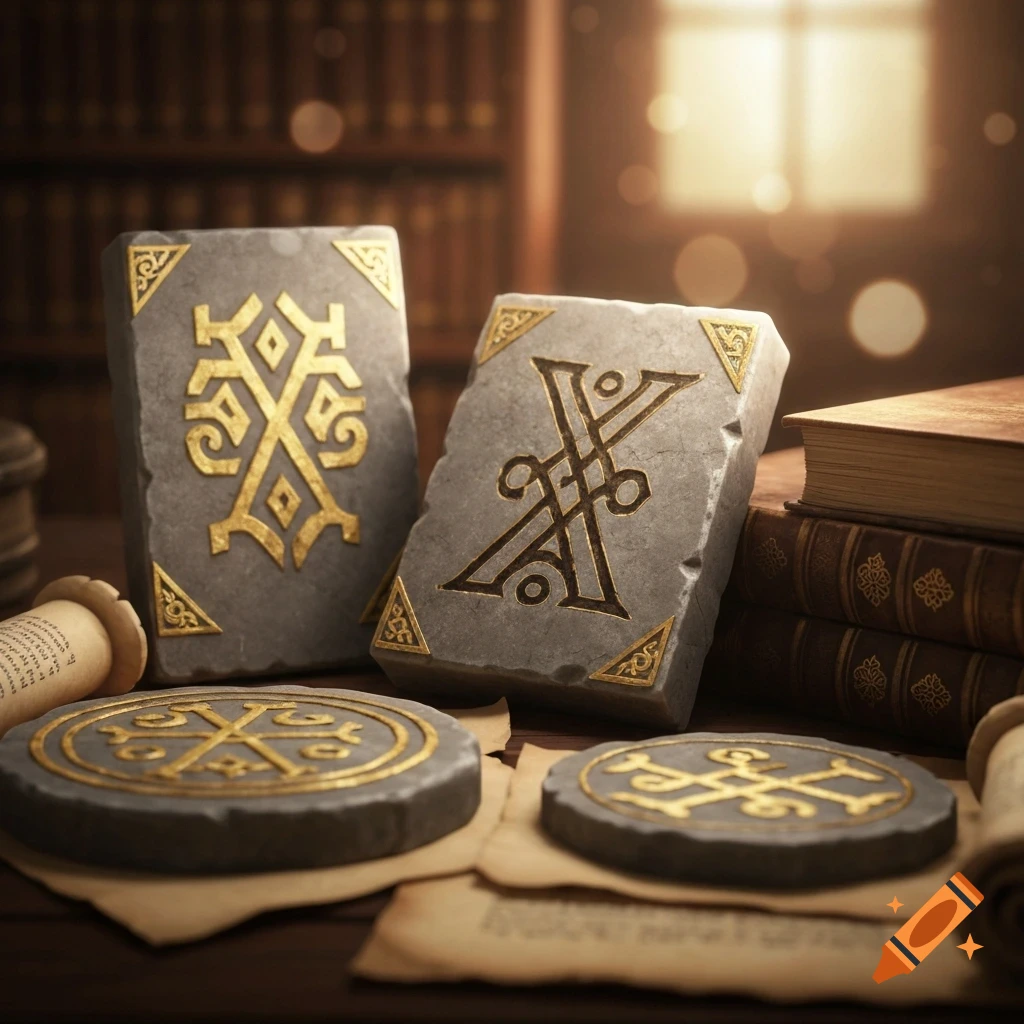 Close-up of three grey stone tablets and two circular discs with intricate gold Ingrian symbols, laid on old scrolls with blurred books in the background.