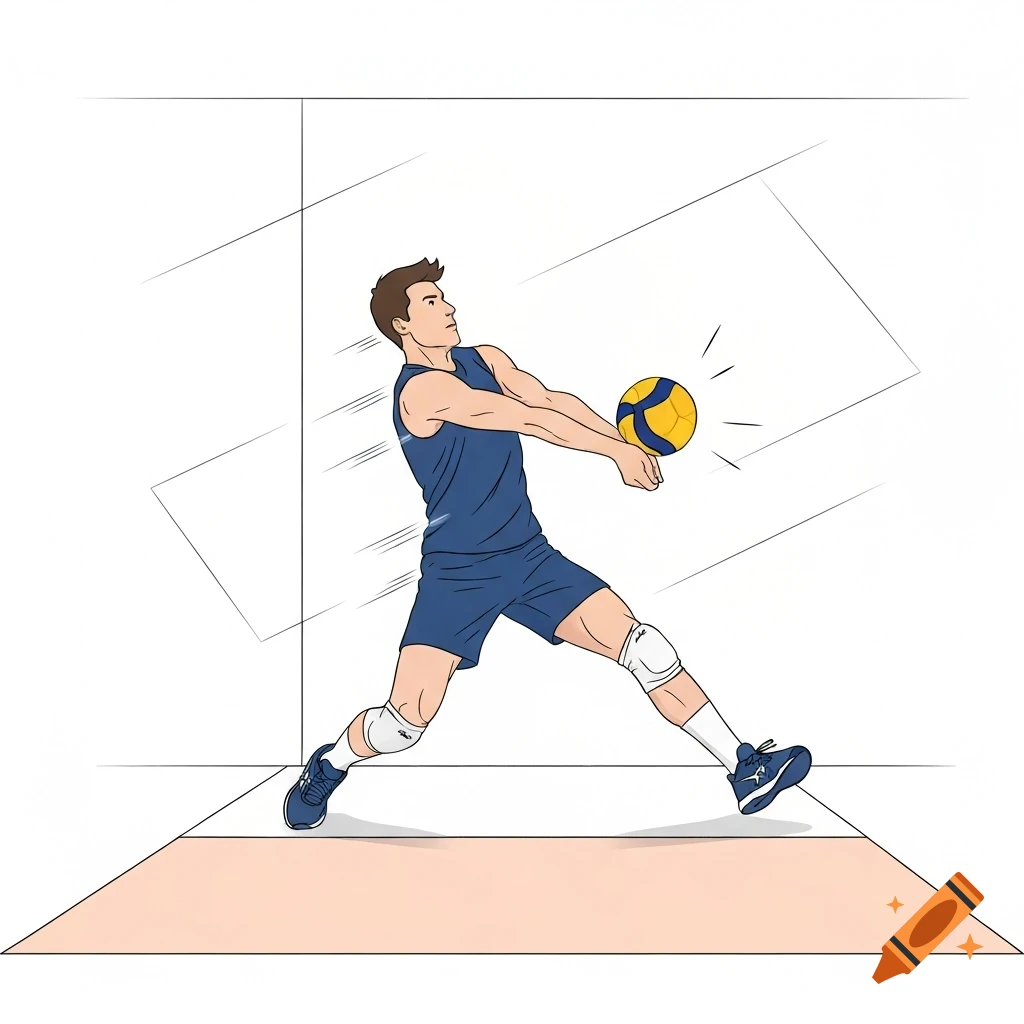 Illustration of a male volleyball player in a blue uniform performing a dig with a yellow and blue volleyball.