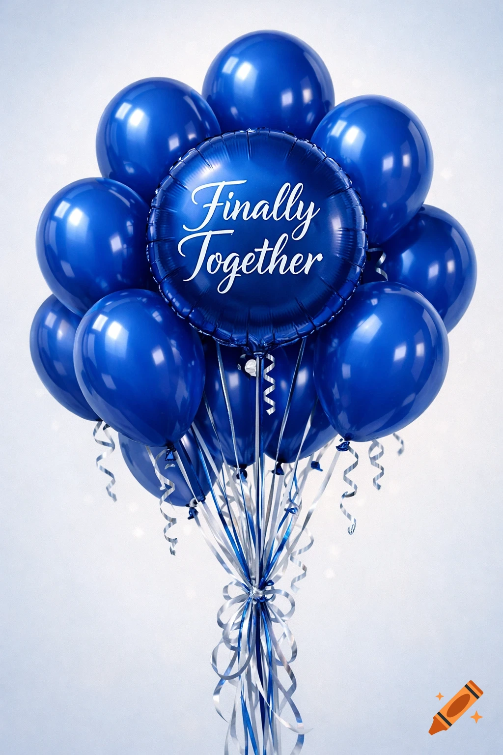 A bouquet of shiny blue latex balloons and a round blue foil balloon with the white text "Finally Together" tied with silver and blue ribbons.