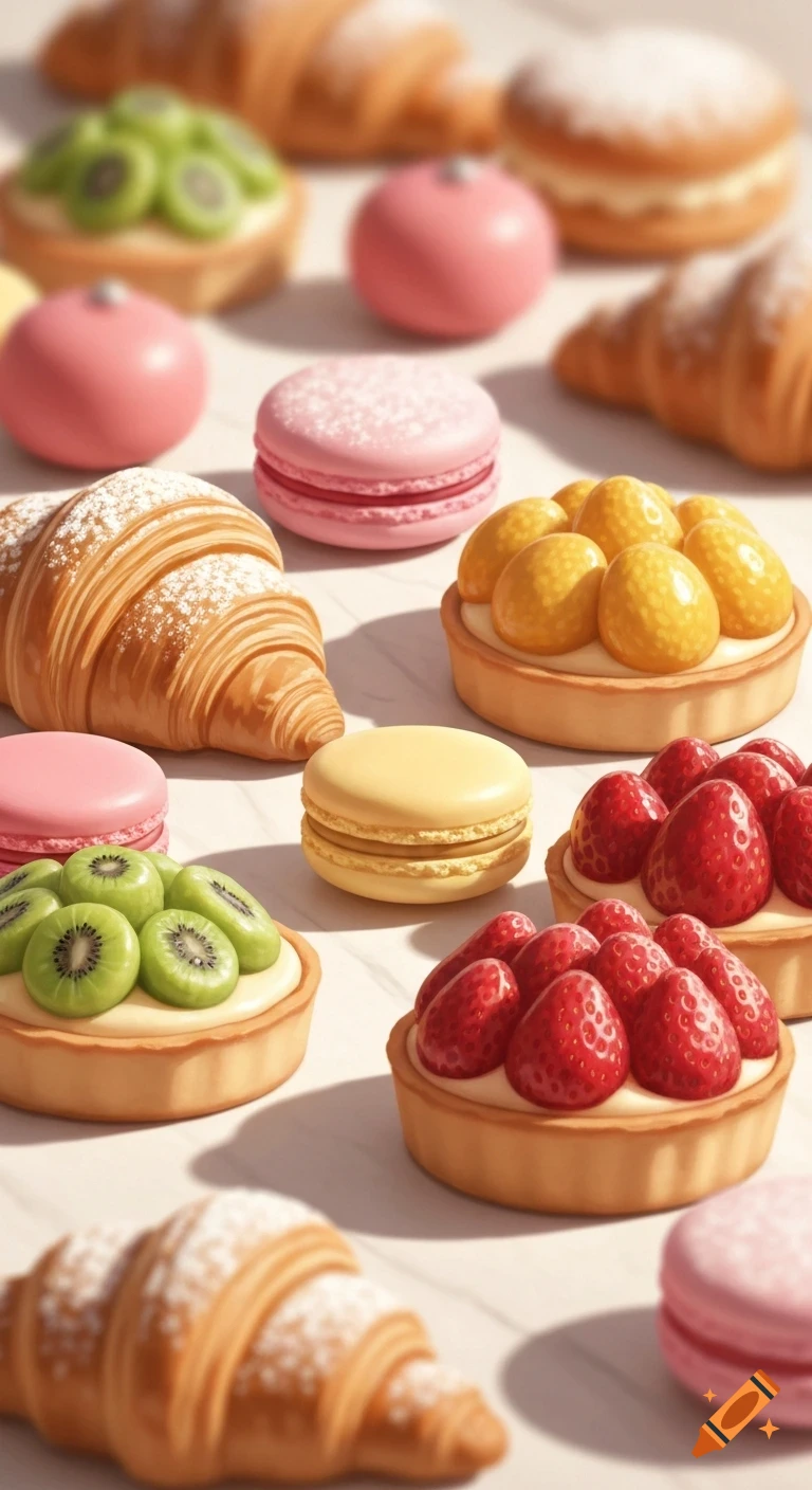A vibrant close-up of various pastries including croissants, pink and yellow macarons, and fruit tarts with kiwi, strawberries, and yellow fruit, on a light surface.