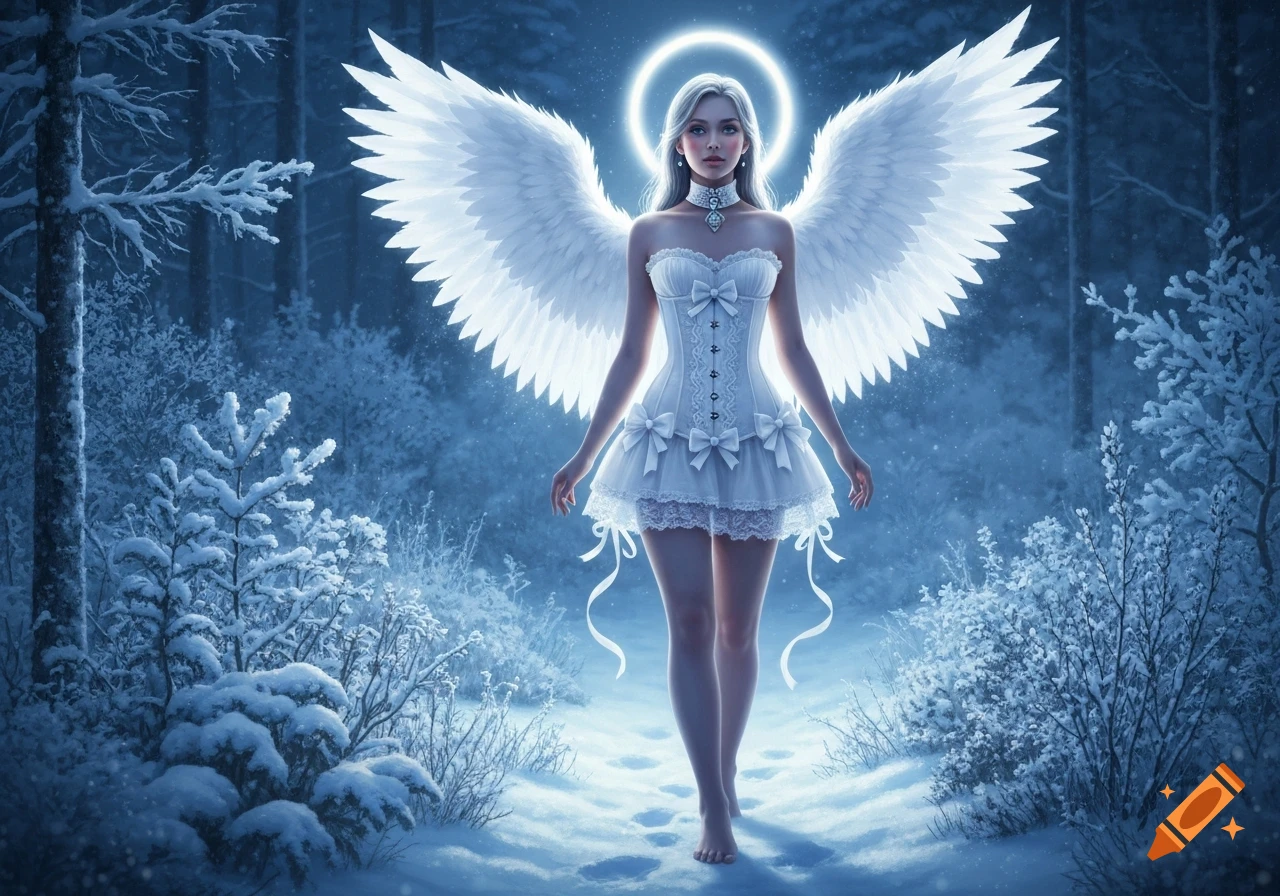 An angelic woman with white wings, a halo, white corset, and short skirt walks barefoot in a snowy, moonlit winter forest.