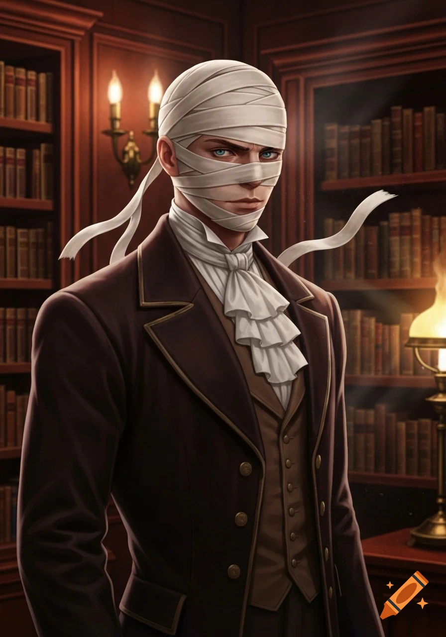 A stylized digital art portrait of a Victorian male character with blue eyes, his head wrapped in white bandages, wearing a dark suit and ruffled cravat, standing in a dim library.