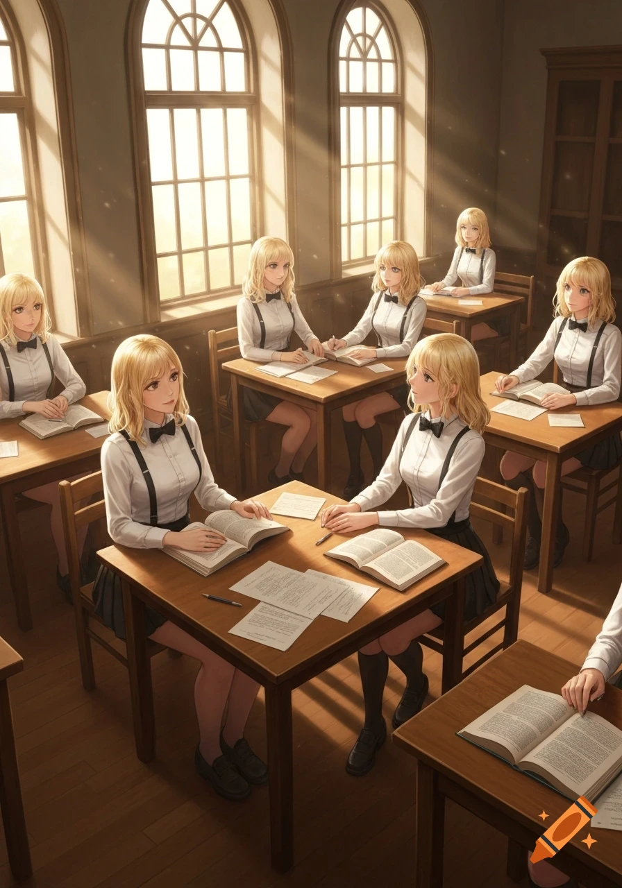 Anime style illustration of several blonde women in school uniforms sitting at desks in a sunlit classroom.